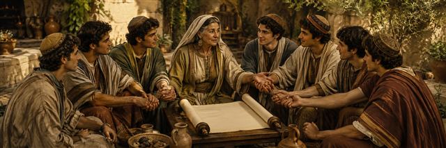 Seven brothers join hands around their mother and an unmarked scroll, united by learning and brotherly love